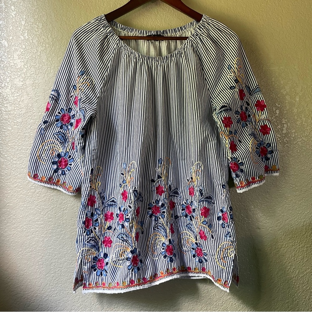 Calessa Womens Large Cotton Striped Boho Embroidered Peasant Lightweight Blouse